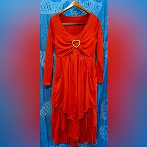 Red Long Sleeve Dress with Heart Detail